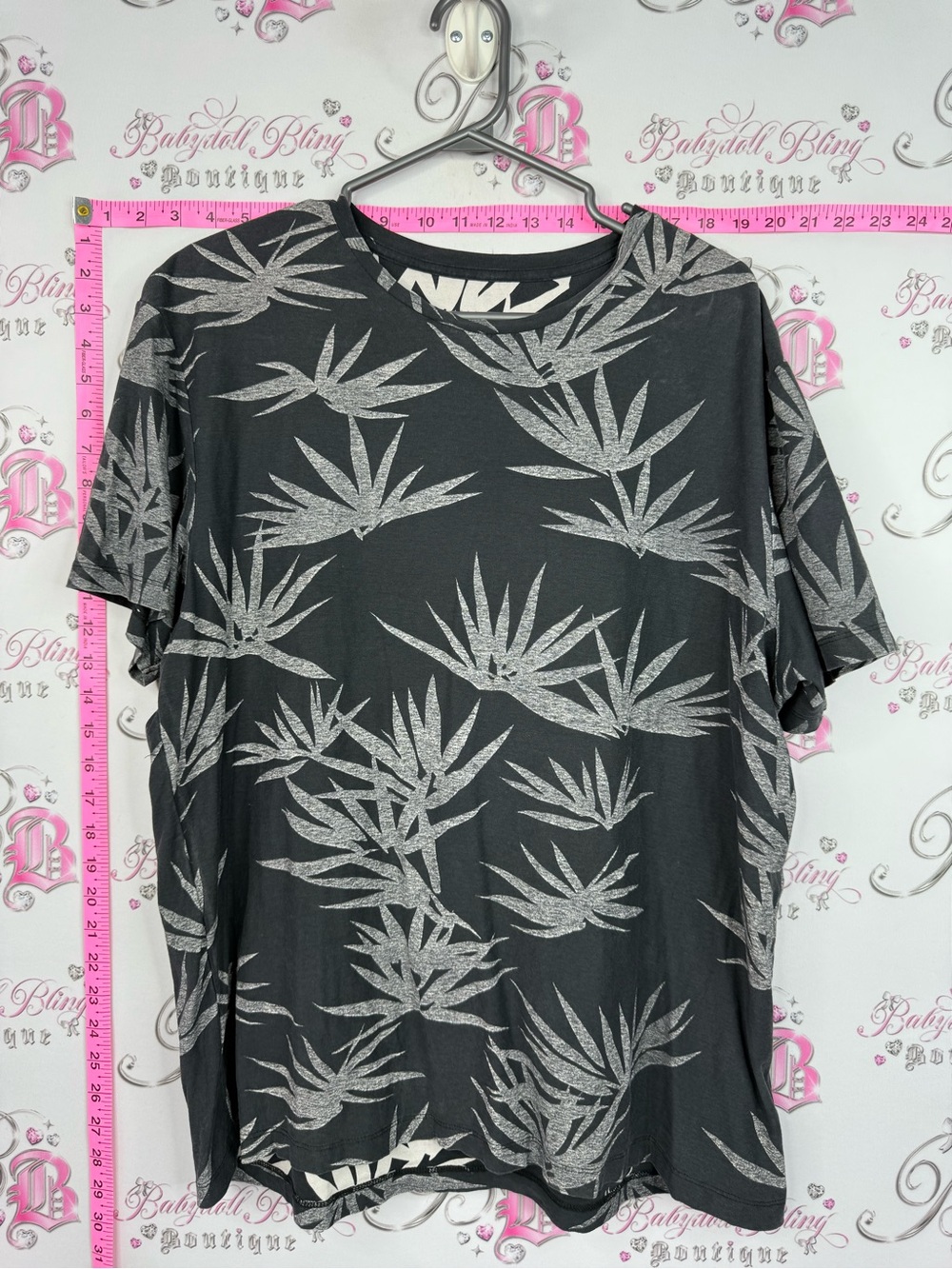 All Saints Black Short Sleeve Shirt with Silver Tropical Print
